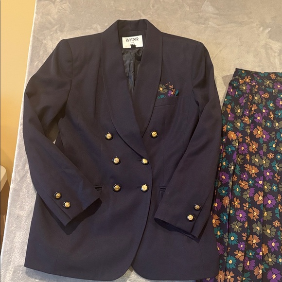 Kasper A.S.L. Wmns Navy Blazer and Floral Pleated Midi Skirt Set Sz 10 Vintage - Picture 4 of 9